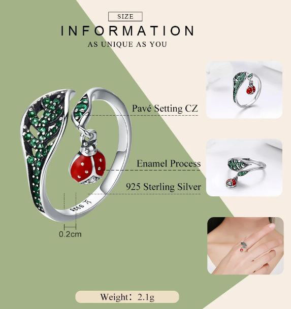 Green Ring 925 Sterling Silver Ladybug Leaves Dangle