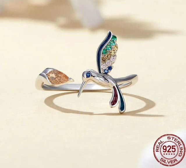 925 Sterling Silver Hummingbird Ring Cubic Zirconia Colourful