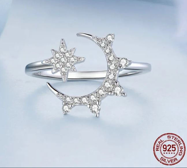 925 Sterling Silver Moon Ring Cubic Zirconia Clear