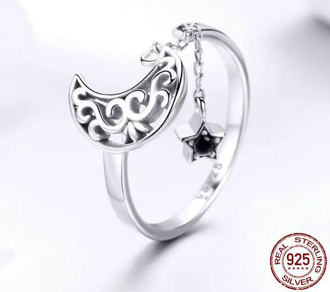 925 Sterling Silver Moon Ring Cubic Zirconia Black