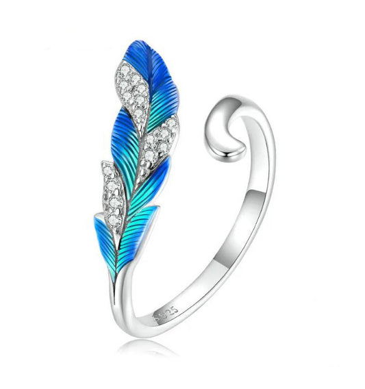 Blue feather Ring 925 Sterling Silver Open Adjustable