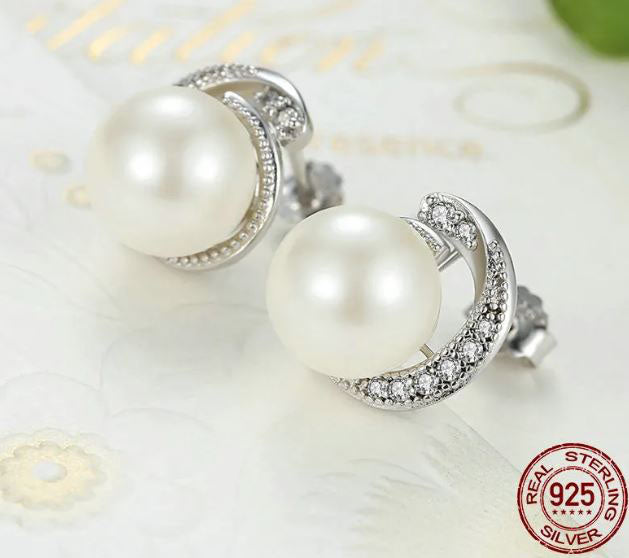 White Earrings Sterling Silver Simulated Pearl Stud Spiral