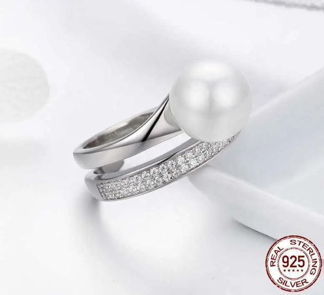 925 Sterling Silver Simulated Pearl Ring Cubic Zirconia Clear