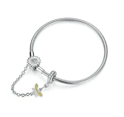 bee and sunflower bracelet with snake chain in sterling silver