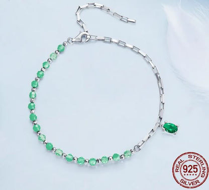 925 Sterling Silver Square Link Bracelet Cubic Zirconia Green