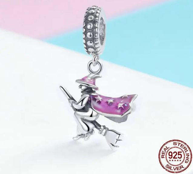 925 Sterling Silver Magic Witch Charm Cubic Zirconia 