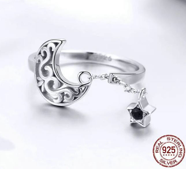 925 Sterling Silver Moon Ring For Women Black