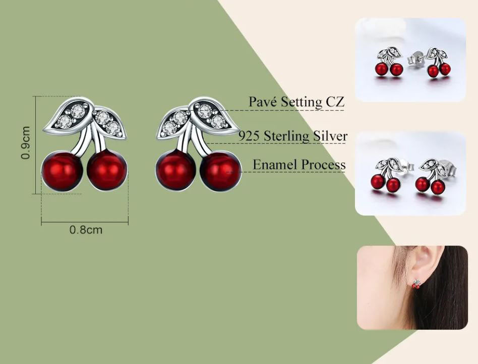 Red Earrings Sterling Silver Cherry Stud Fruit