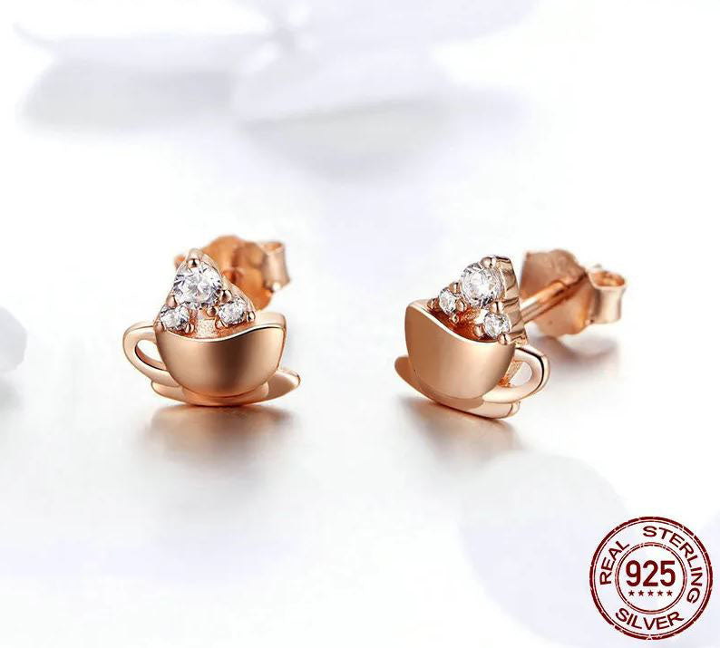 Coffee Cube Earrings Cup Rose Gold Stud Sterling Silver