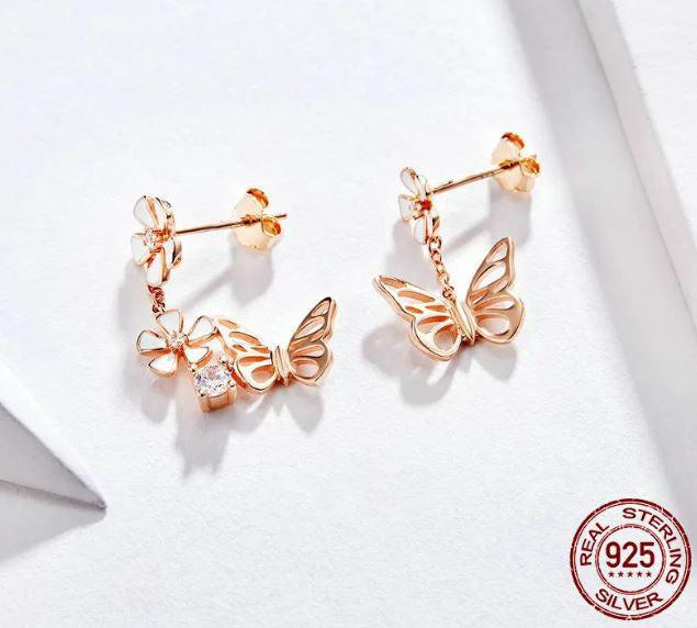 Drop Earrings Stud Butterfly Flower Rose Gold