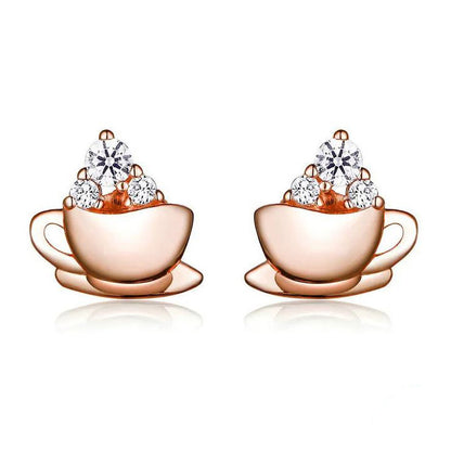 rose gold coffee cup earrings studs with cubic zirconia sterling silver