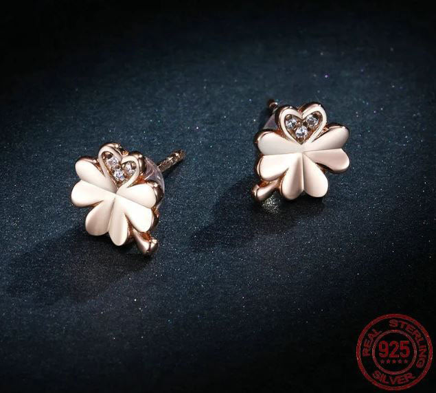 Rose Gold Earrings Sterling Silver Flower Stud Four Leaf Clover