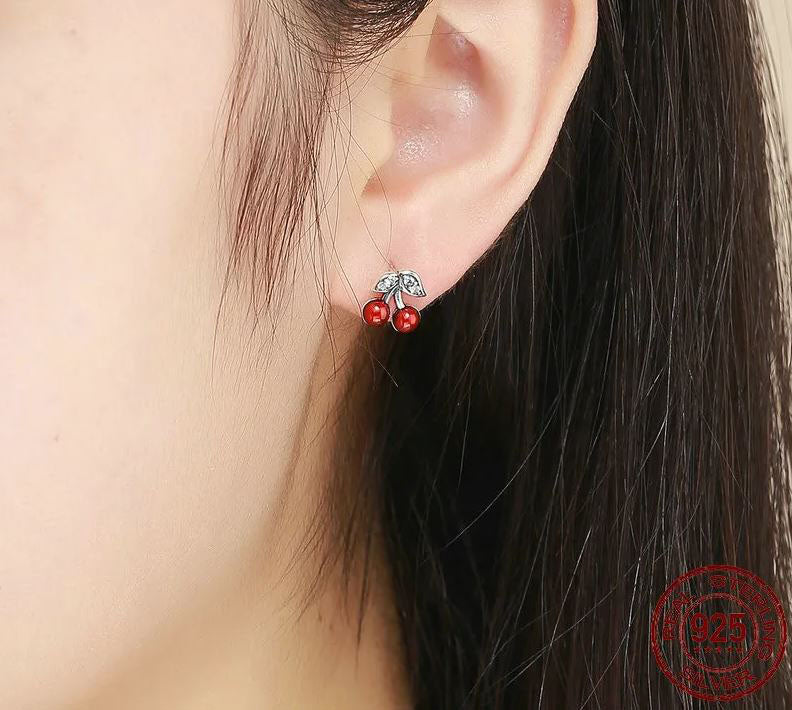 Red Earrings Stud Cherry Fruit