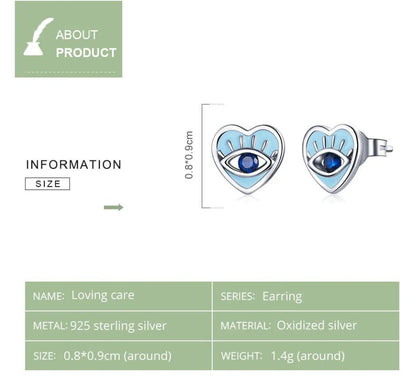 Devil Eye Earrings Heart Blue Stud Sterling Silver