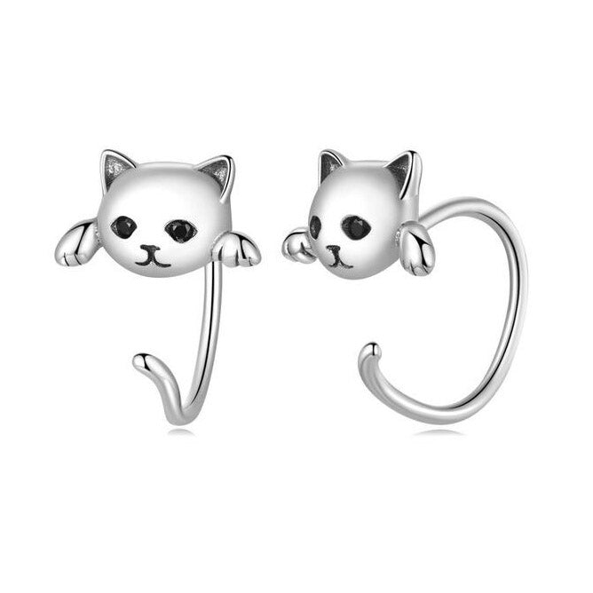 Cat Earrings Sterling Silver Push Back Stud Animal Tail
