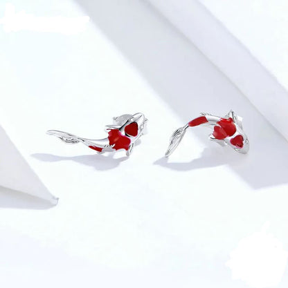 Red Enamel Earrings Stud Push Back Spring Koi Fish