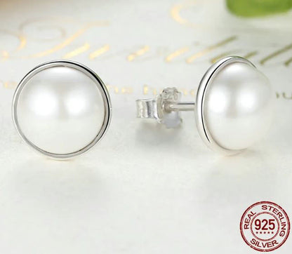 Round Earrings Shell  White Stud Sterling Silver