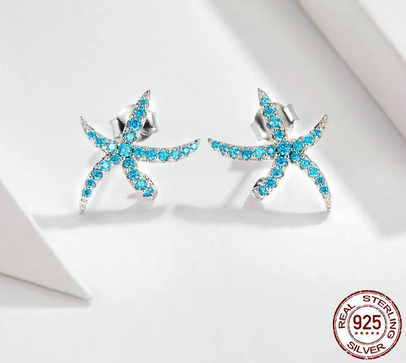 Starfish  Earrings Star Blue Stud Sterling Silver