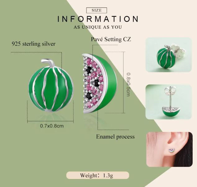 Green Earrings Sterling Silver Watermelon  Stud Fruit