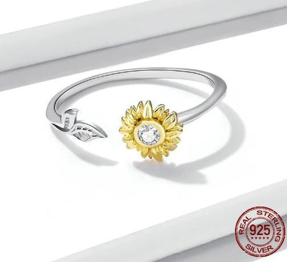 Adjustable Ring Sun Gold Sunflower Sterling Silver