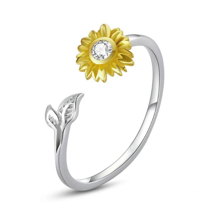 925 Sterling Silver Sunflower Ring Sun Gold