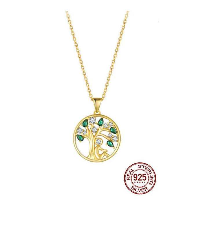 Gold Necklace Sterling Silver Pendant Tree of Life Round