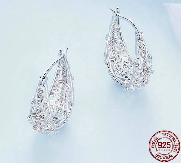 Earrings 925 Silver Clear Water Drop Vine Hollow Hoop