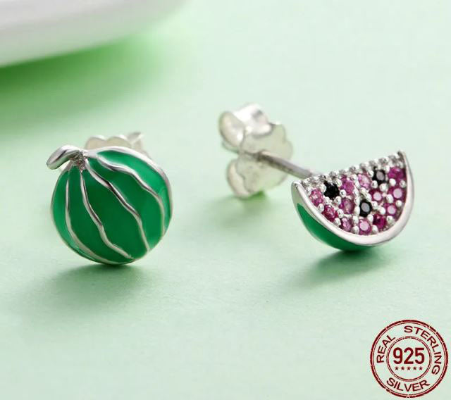 Fruit Earrings Watermelon  Green Stud Sterling Silver