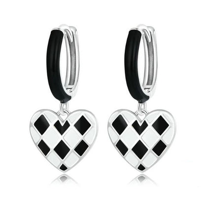 925 Sterling Silver black and white earrings checkered heart