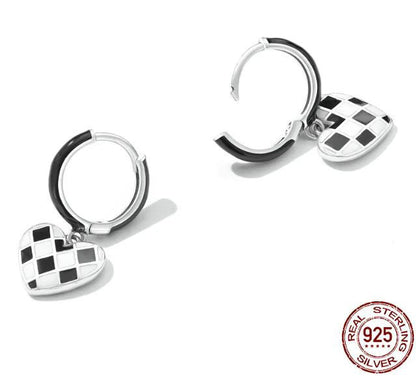 Heart Checkered Earrings Drop White Black Hoop Sterling Silver