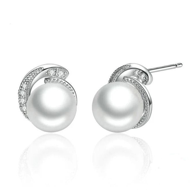 925 Sterling Silver stud simulated silver pearl earrings White