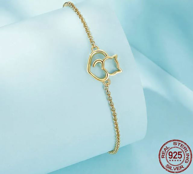 925 Sterling Silver Cat And Heart Bracelet  Gold