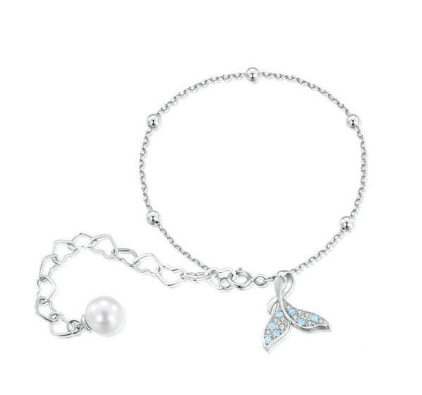 Sterling Silver Bracelet For Women Fishtail Simulated Pearl Heart