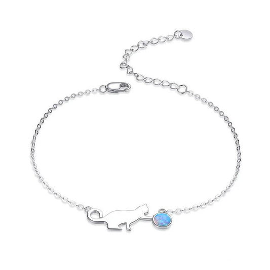 Sterling Silver Cat Bracelet Blue Link Chain 