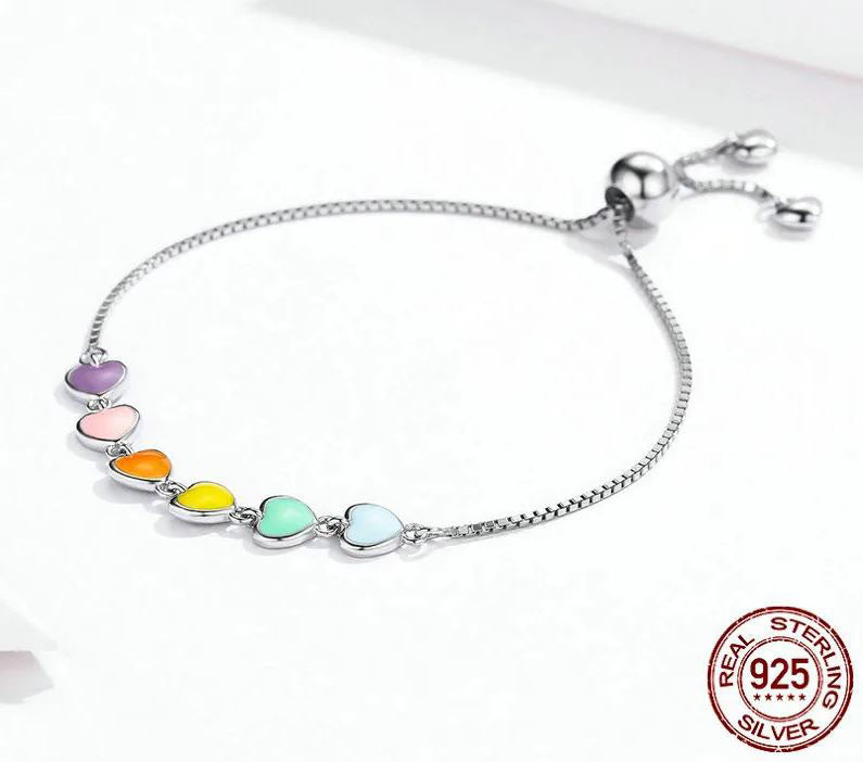 925 Sterling Silver Heart Slider Bracelet Enamel Colourful