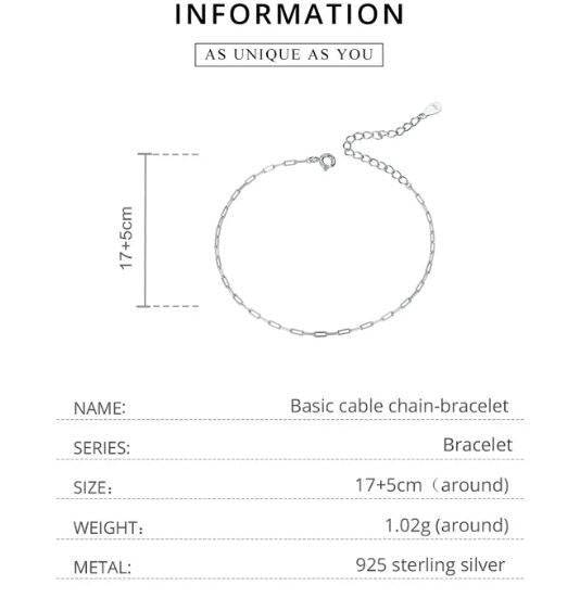 925 Sterling Silver Cable Chain Bracelet  Adjustable