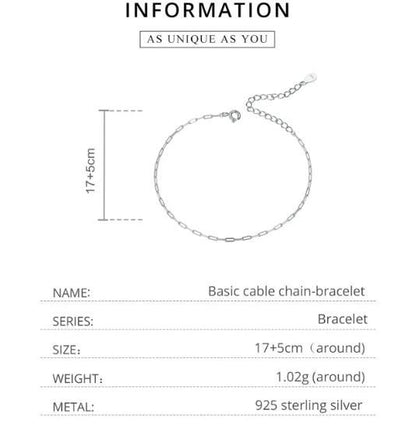 925 Sterling Silver Cable Chain Bracelet  Adjustable