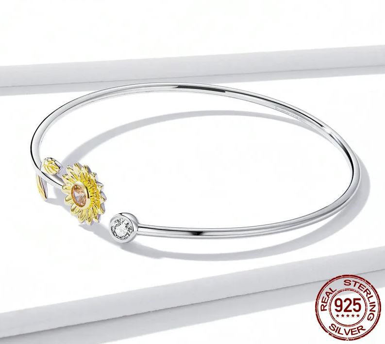 Gold Bracelet Sterling Silver Woman Cuff Bangle Sunflower