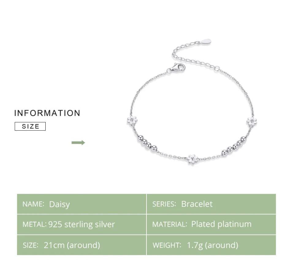 925 Sterling Silver Daisy Bracelet For Women Beads