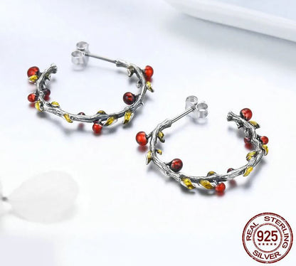 Autumn Earrings C Hoop Red & Yellow Tree Leaves Sterling Silver