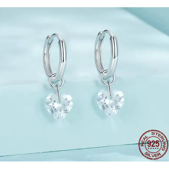 silver hoop earrings heart shape pave setting
