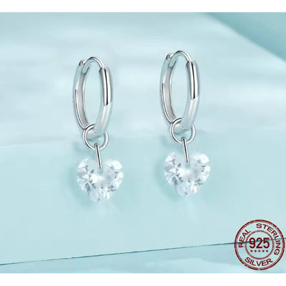 silver hoop earrings heart shape pave setting
