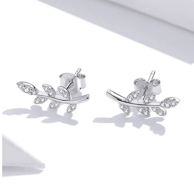 sterling silver leaf branch stud earrings