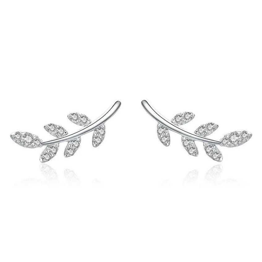 silver leaves earrings with cubic zirconia stones