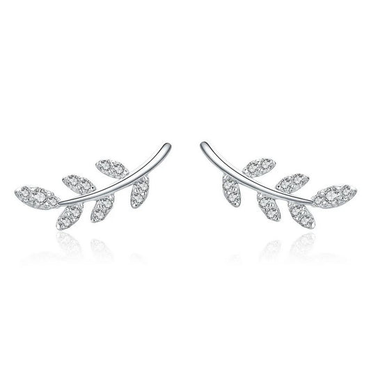 silver leaves earrings with cubic zirconia stones