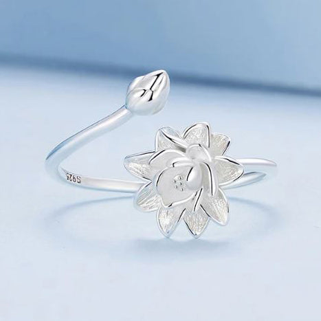 polished lotus flower ring in sterling silver