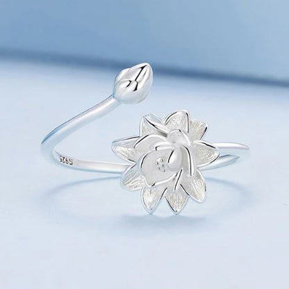 polished lotus flower ring in sterling silver