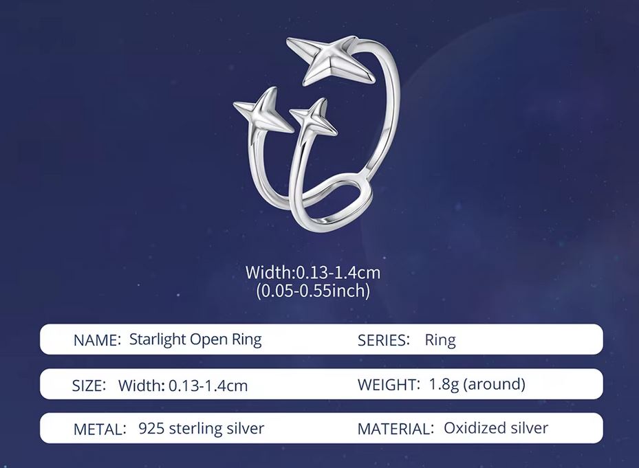 Starlight Open Ring with specifications on a dark blue background