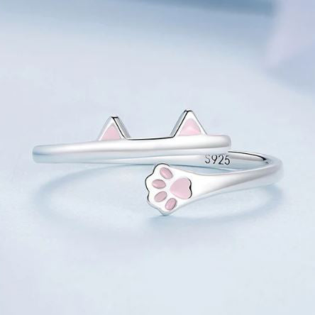 Cat paw ring with pink enamel