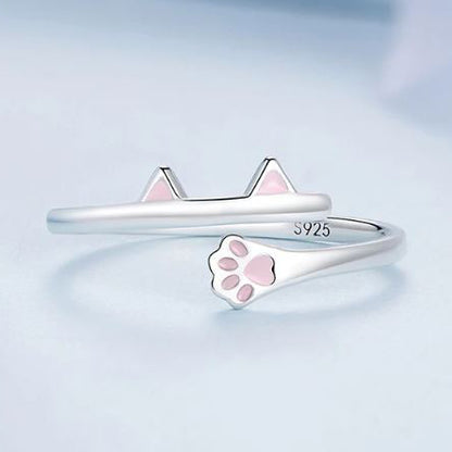 Cat paw ring with pink enamel